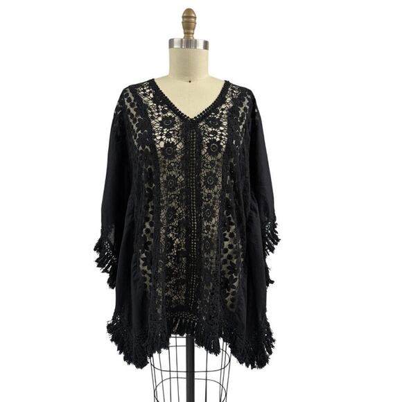 VTG Giocam Black Cotton Lace Poncho OS Swim Cover UpFringe
